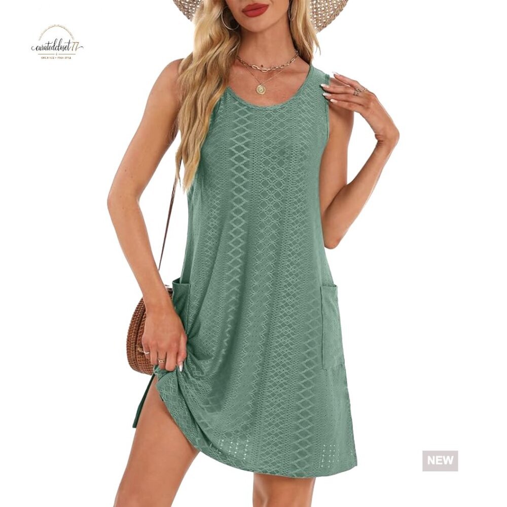 Summer Sleeveless Swing Dress with Pockets, Loose Fit, Eyelet Fabric